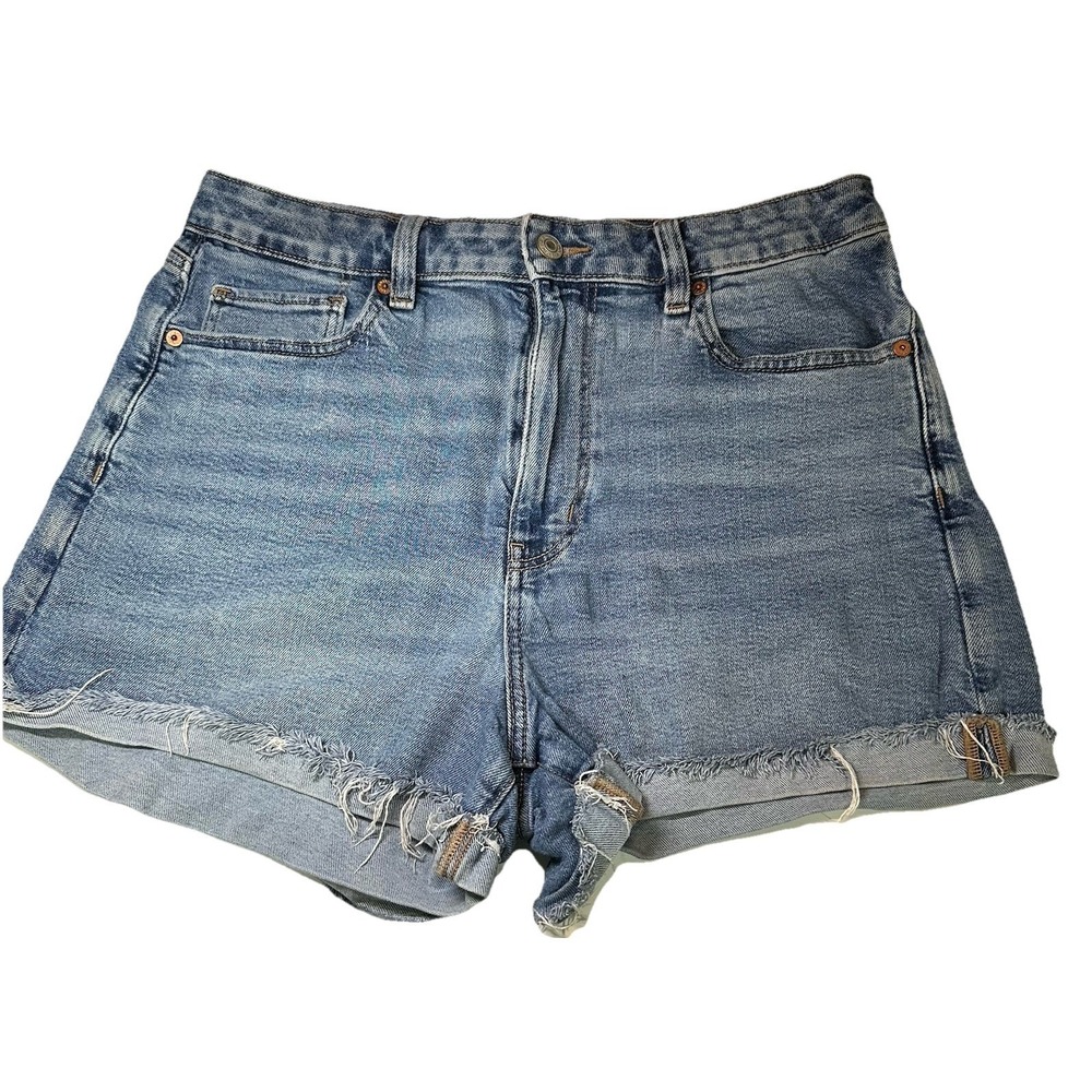 American Eagle High Rise Blue Stretch Denim Medium Wash Mom Jean Shorts Size 12